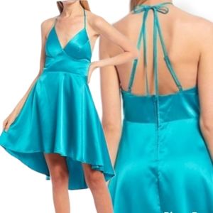 B. Darlin▪️Tie-Neck Satin High-Low Dress, Size 3, Color: Reef Teal, NWT